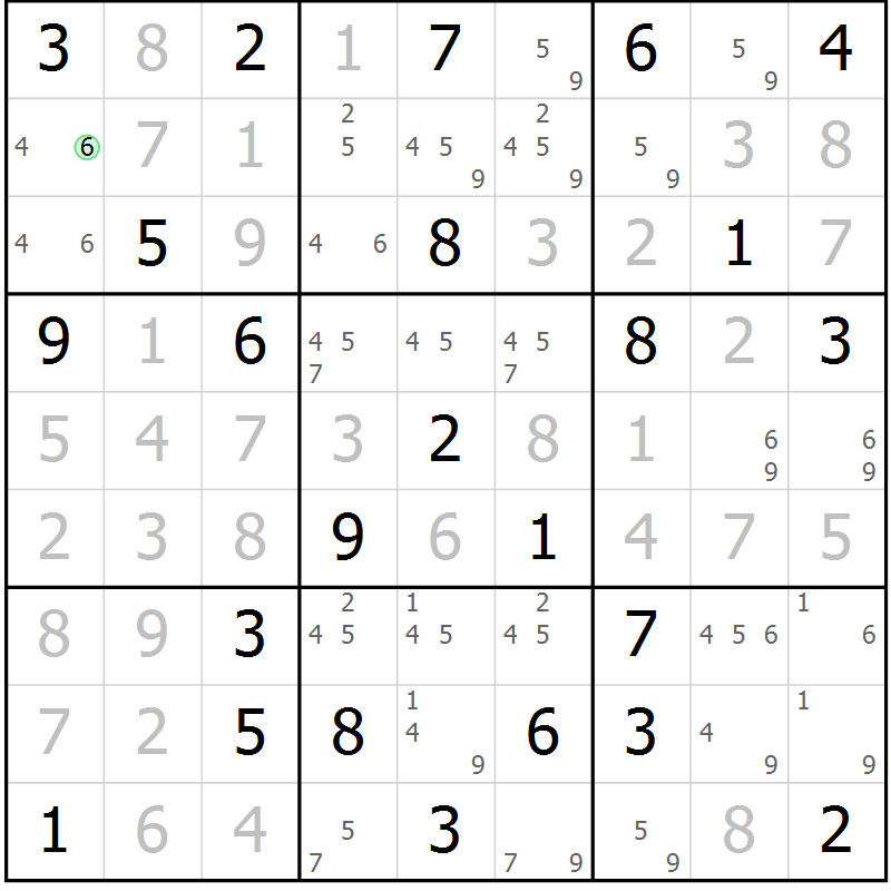 Position des candidats pour la solution de la Gr 25 page 28 du magazine de sudoku Maestro n° 085
