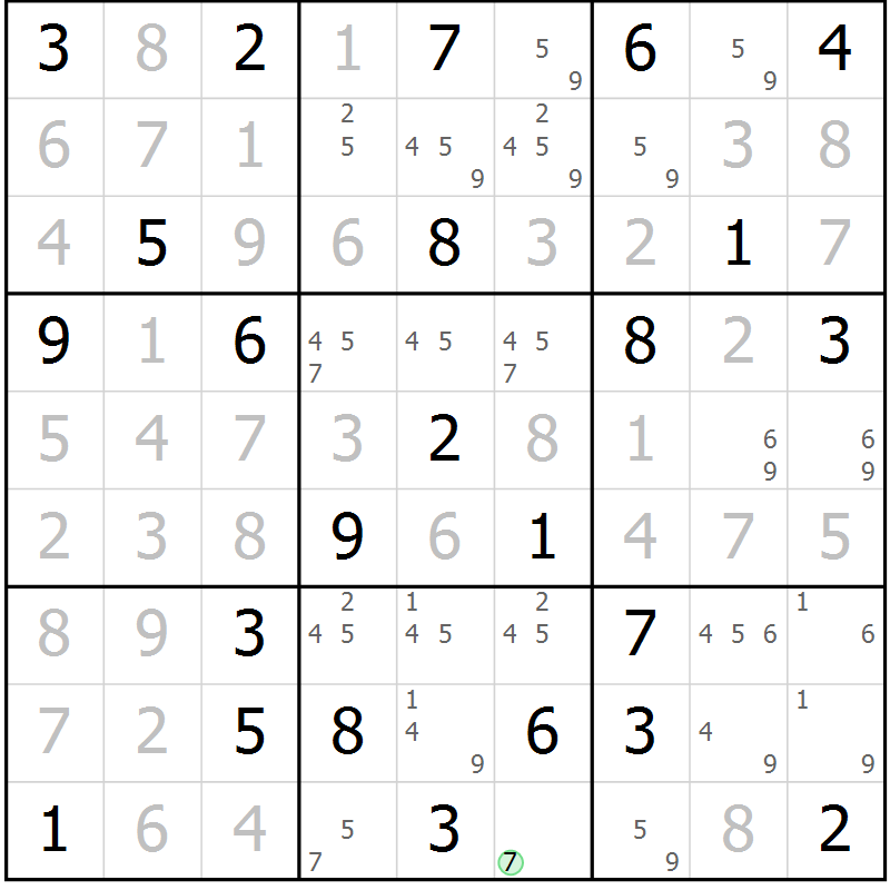 Position des candidats pour la solution de la Gr 25 page 28 du magazine de sudoku Maestro n° 085