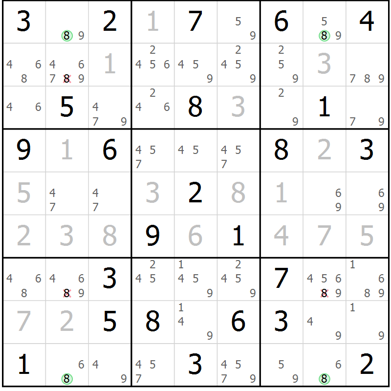 Position des candidats pour la solution de la Gr 25 page 28 du magazine de sudoku Maestro n° 085