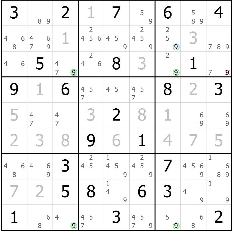 Position des candidats pour la solution de la Gr 25 page 28 du magazine de sudoku Maestro n° 085