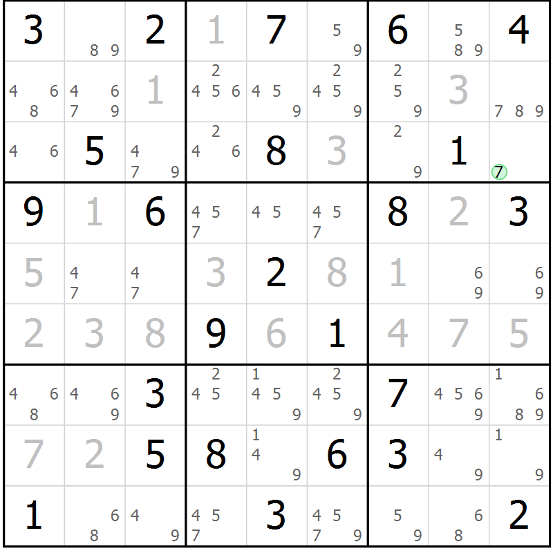 Position des candidats pour la solution de la Gr 25 page 28 du magazine de sudoku Maestro n° 085
