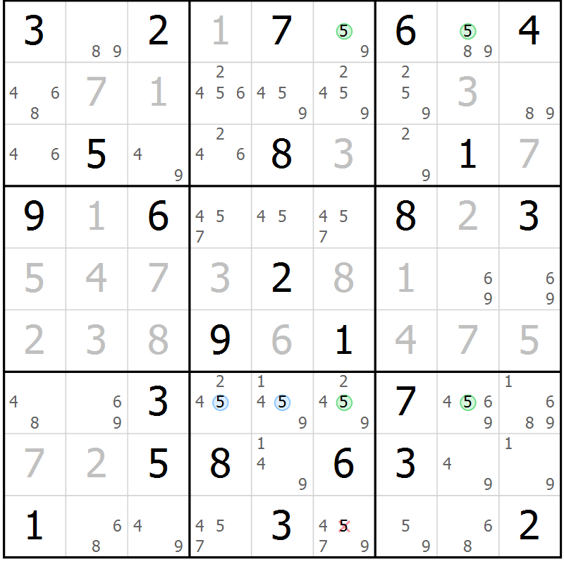 Position des candidats pour la solution de la Gr 25 page 28 du magazine de sudoku Maestro n° 085