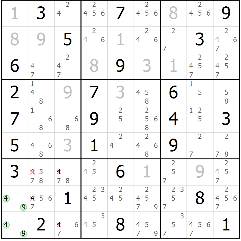 Position des candidats pour la solution de la Gr 28 page 31 du magazine de sudoku Maestro n° 085
