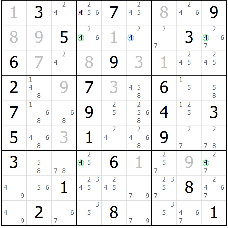 Position des candidats pour la solution de la Gr 28 page 31 du magazine de sudoku Maestro n° 085