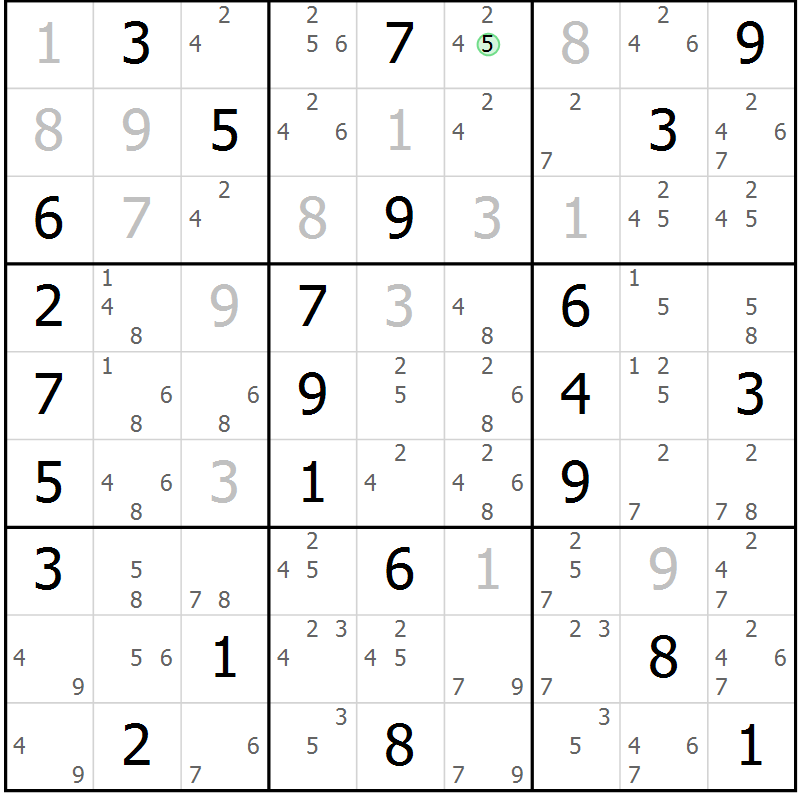 Position des candidats pour la solution de la Gr 28 page 31 du magazine de sudoku Maestro n° 085