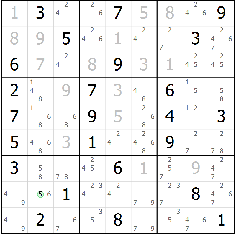 Position des candidats pour la solution de la Gr 28 page 31 du magazine de sudoku Maestro n° 085