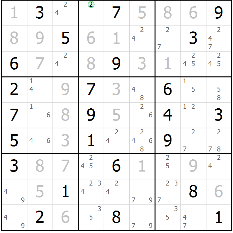 Position des candidats pour la solution de la Gr 28 page 31 du magazine de sudoku Maestro n° 085