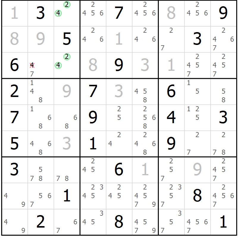 Position des candidats pour la solution de la Gr 28 page 31 du magazine de sudoku Maestro n° 085