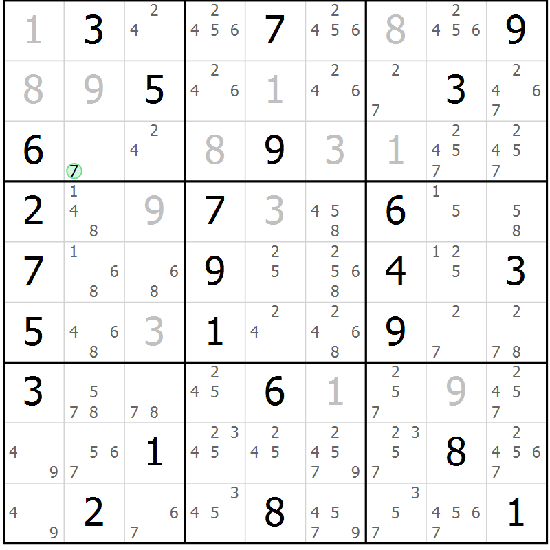 Position des candidats pour la solution de la Gr 28 page 31 du magazine de sudoku Maestro n° 085