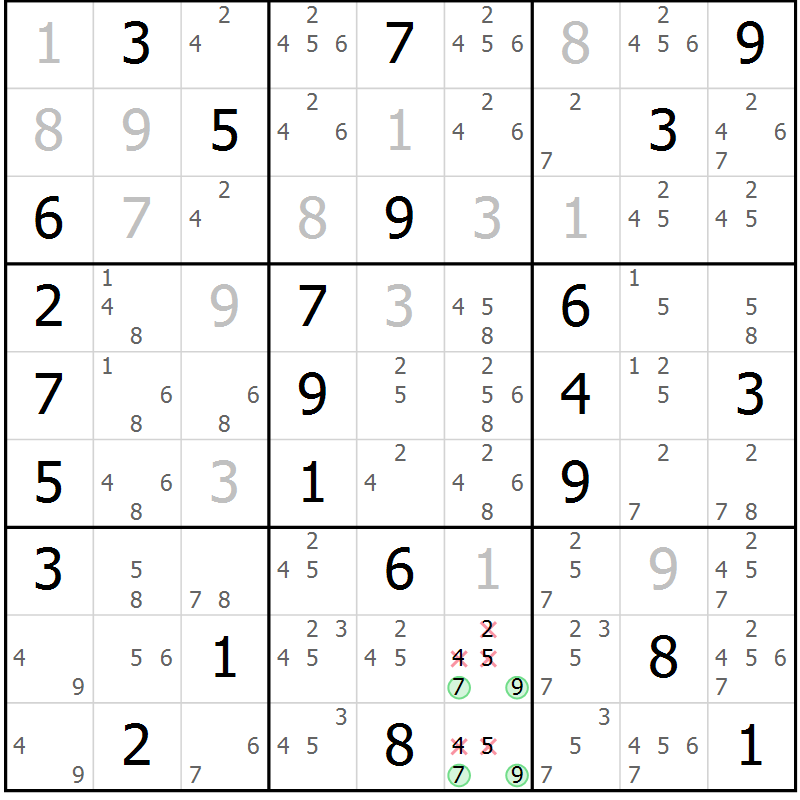 Position des candidats pour la solution de la Gr 28 page 31 du magazine de sudoku Maestro n° 085