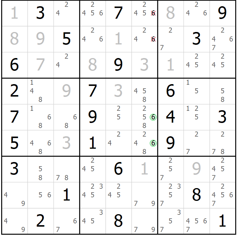 Position des candidats pour la solution de la Gr 28 page 31 du magazine de sudoku Maestro n° 085