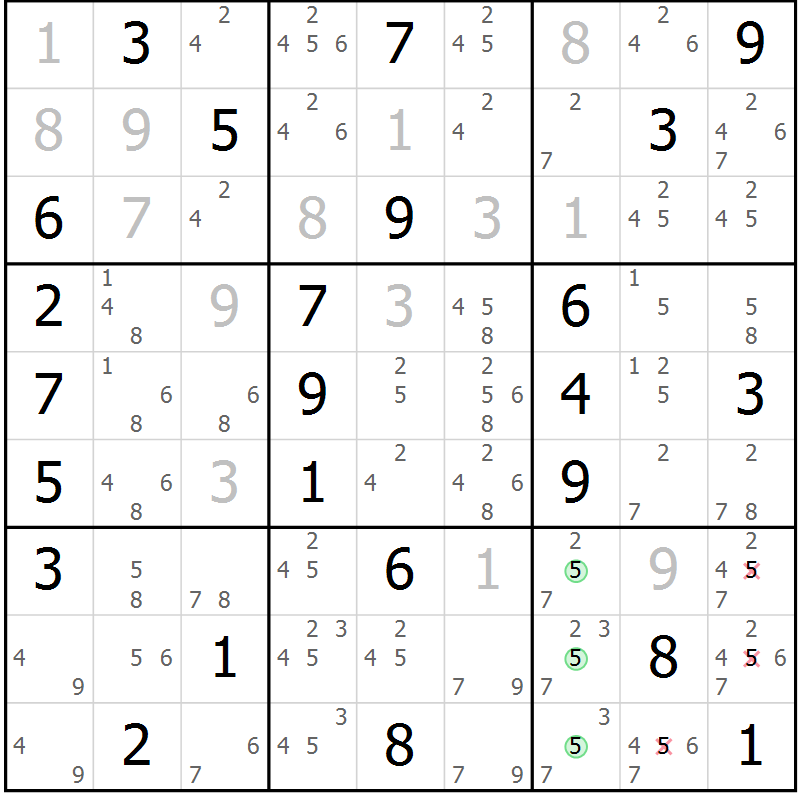 Position des candidats pour la solution de la Gr 28 page 31 du magazine de sudoku Maestro n° 085