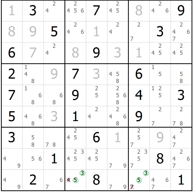 Position des candidats pour la solution de la Gr 28 page 31 du magazine de sudoku Maestro n° 085
