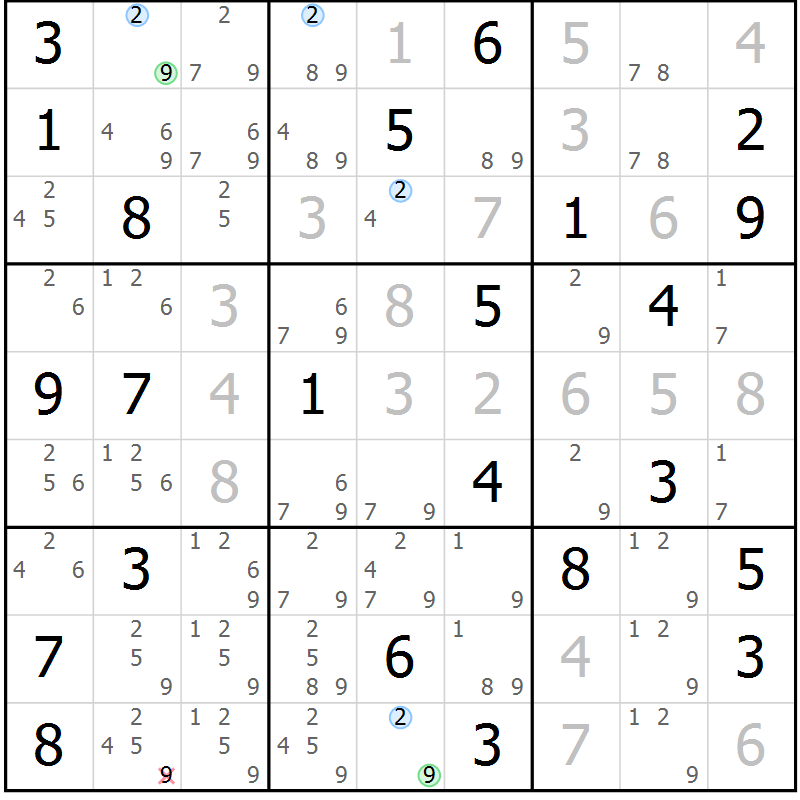 Position des candidats pour la solution de la Gr 29 page 32 du magazine de sudoku Maestro n° 085