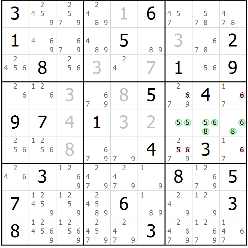 Position des candidats pour la solution de la Gr 29 page 32 du magazine de sudoku Maestro n° 085