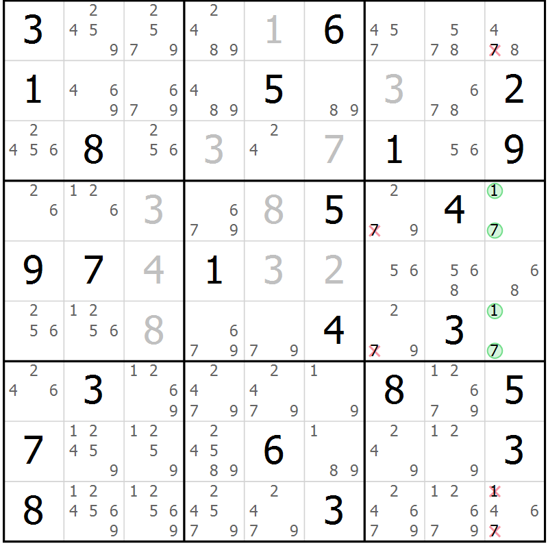 Position des candidats pour la solution de la Gr 29 page 32 du magazine de sudoku Maestro n° 085