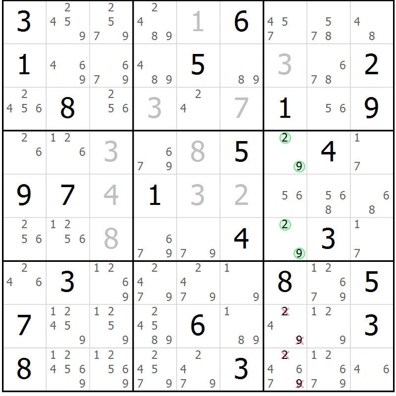 Position des candidats pour la solution de la Gr 29 page 32 du magazine de sudoku Maestro n° 085