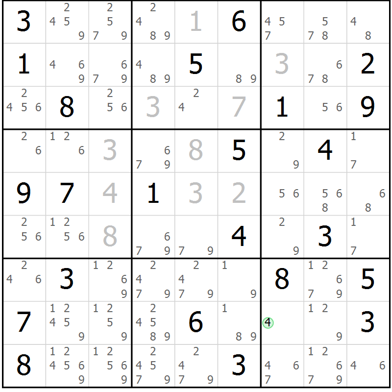 Position des candidats pour la solution de la Gr 29 page 32 du magazine de sudoku Maestro n° 085