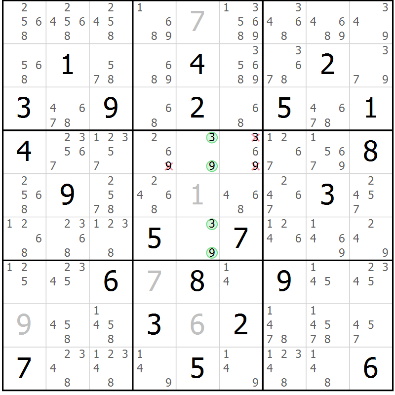 Position des candidats pour la solution de la Gr 3 page 6 du magazine de sudoku Maestro n° 085