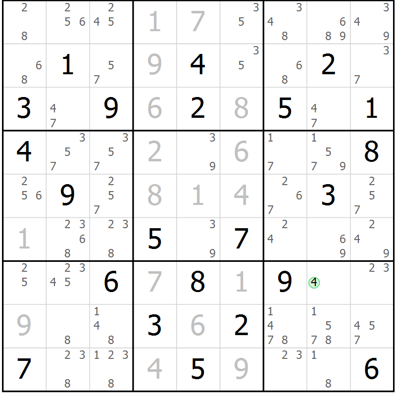 Position des candidats pour la solution de la Gr 3 page 6 du magazine de sudoku Maestro n° 085