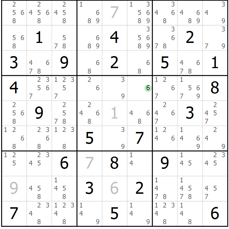 Position des candidats pour la solution de la Gr 3 page 6 du magazine de sudoku Maestro n° 085
