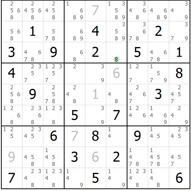 Position des candidats pour la solution de la Gr 3 page 6 du magazine de sudoku Maestro n° 085