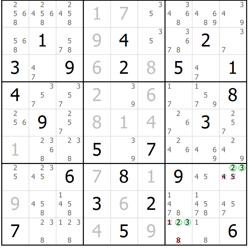 Position des candidats pour la solution de la Gr 3 page 6 du magazine de sudoku Maestro n° 085