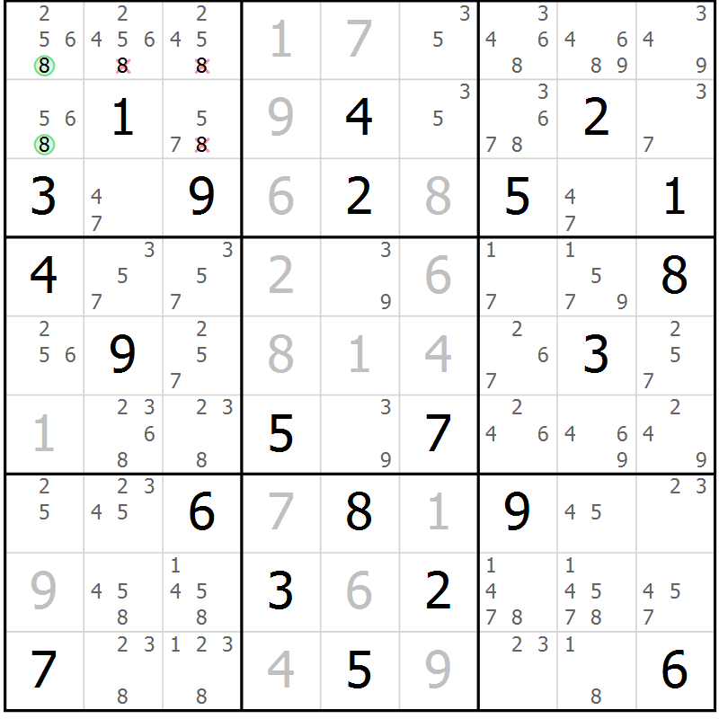 Position des candidats pour la solution de la Gr 3 page 6 du magazine de sudoku Maestro n° 085