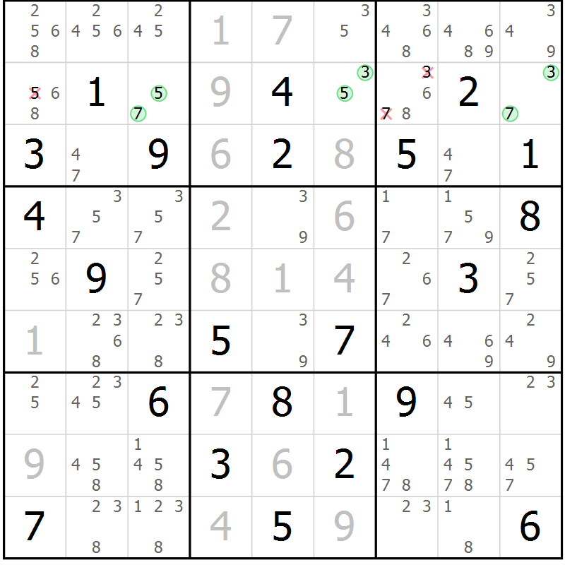 Position des candidats pour la solution de la Gr 3 page 6 du magazine de sudoku Maestro n° 085