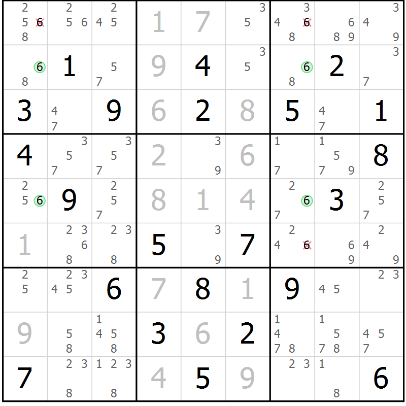Position des candidats pour la solution de la Gr 3 page 6 du magazine de sudoku Maestro n° 085