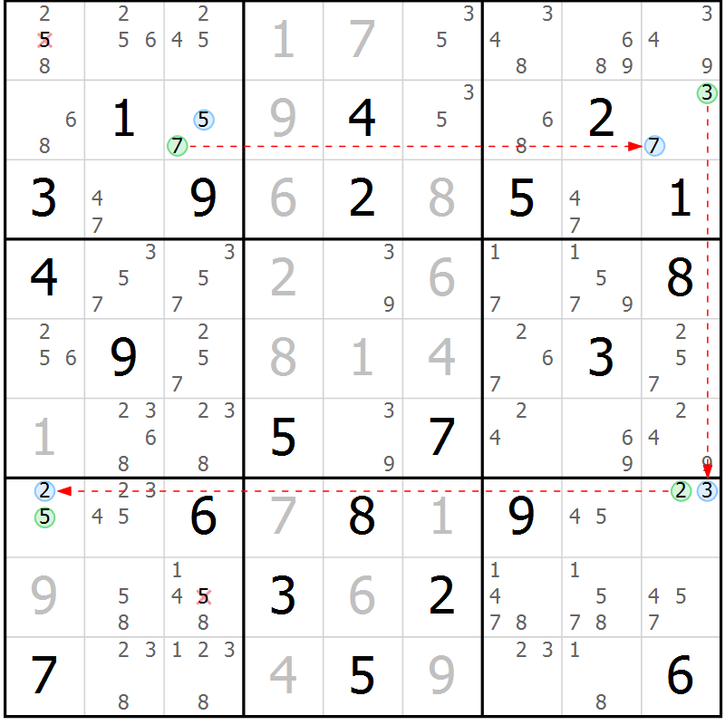 Position des candidats pour la solution de la Gr 3 page 6 du magazine de sudoku Maestro n° 085