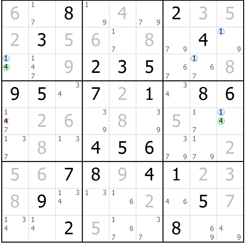 Position des candidats pour la solution de la Gr 32 page 35 du magazine de sudoku Maestro n° 085