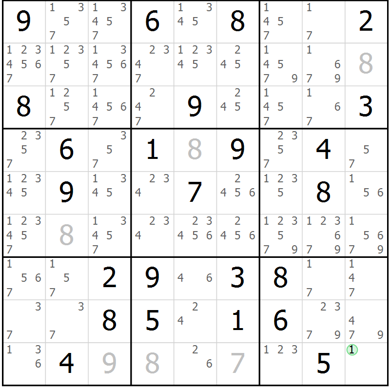 Position des candidats pour la solution de la Gr 33 page 36 du magazine de sudoku Maestro n° 085