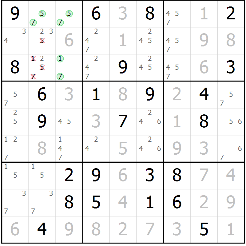 Position des candidats pour la solution de la Gr 33 page 36 du magazine de sudoku Maestro n° 085