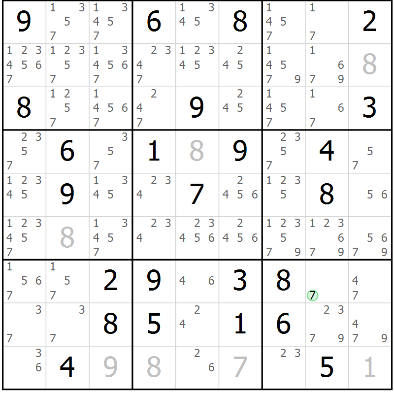 Position des candidats pour la solution de la Gr 33 page 36 du magazine de sudoku Maestro n° 085