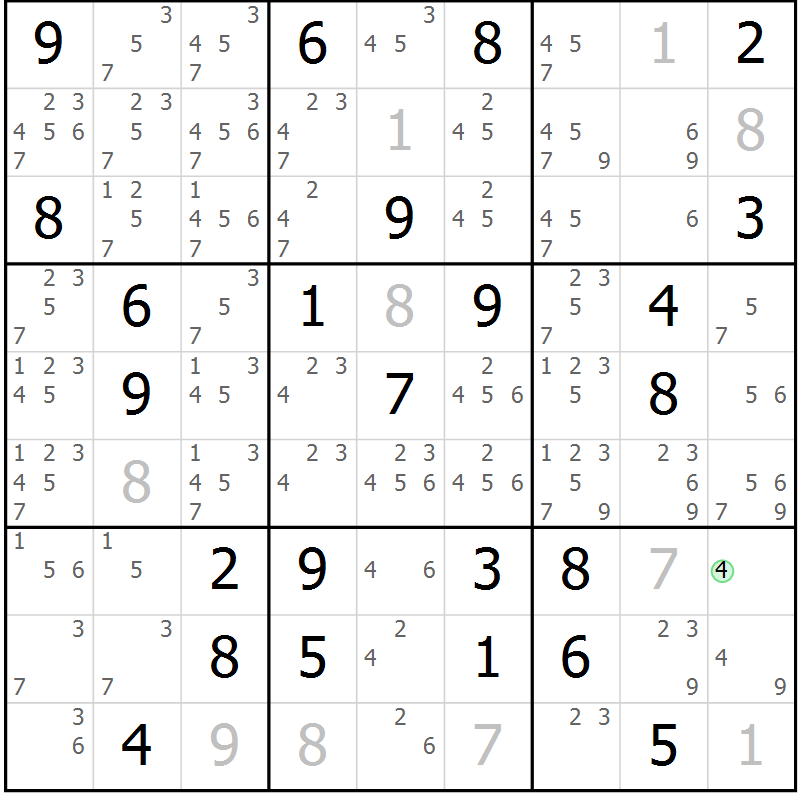 Position des candidats pour la solution de la Gr 33 page 36 du magazine de sudoku Maestro n° 085