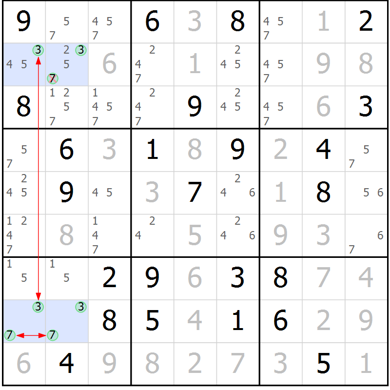 Position des candidats pour la solution de la Gr 33 page 36 du magazine de sudoku Maestro n° 085