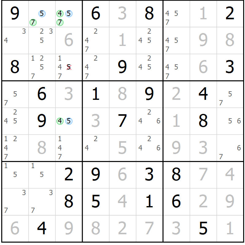 Position des candidats pour la solution de la Gr 33 page 36 du magazine de sudoku Maestro n° 085