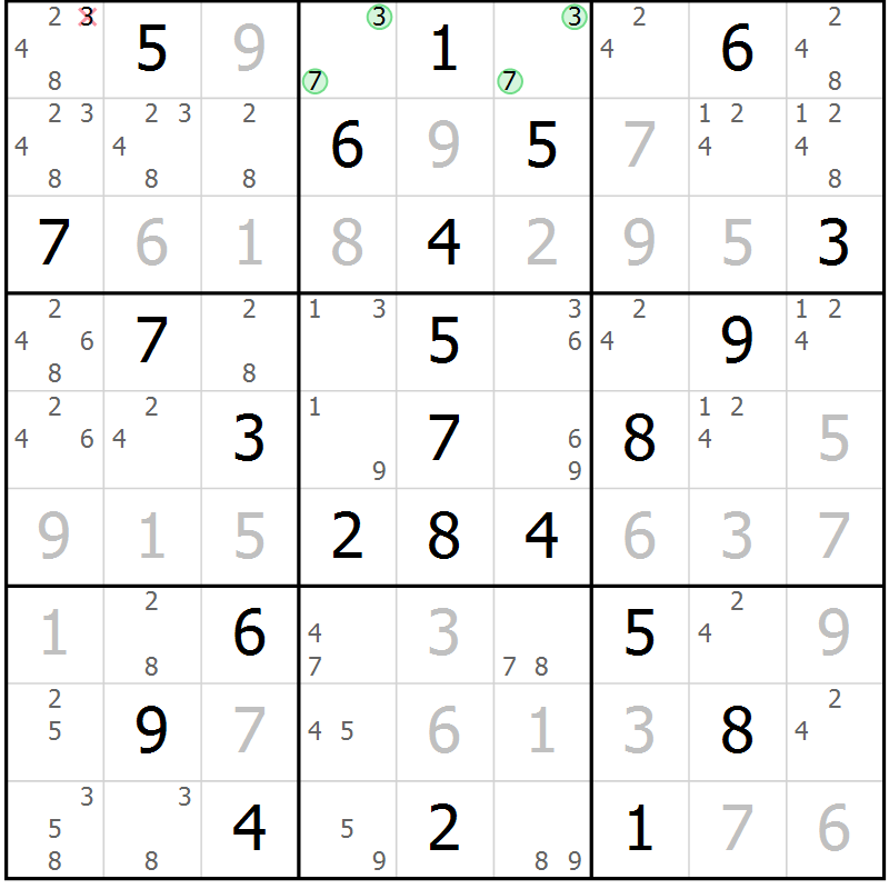 Position des candidats pour la solution de la Gr 34 page 37 du magazine de sudoku Maestro n° 085