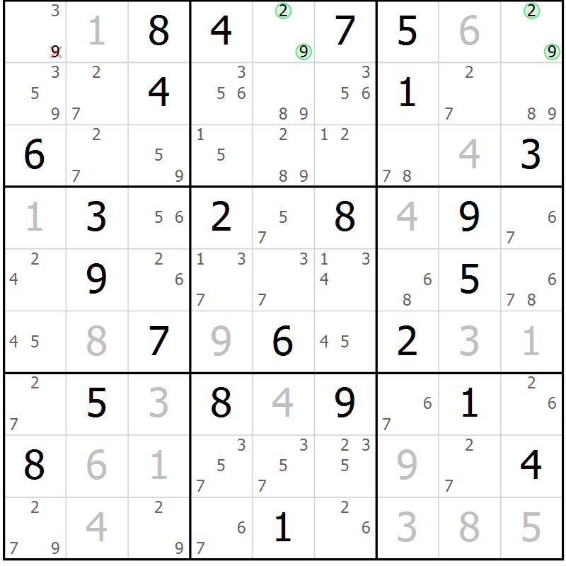 Position des candidats pour la solution de la Gr 35 page 38 du magazine de sudoku Maestro n° 085