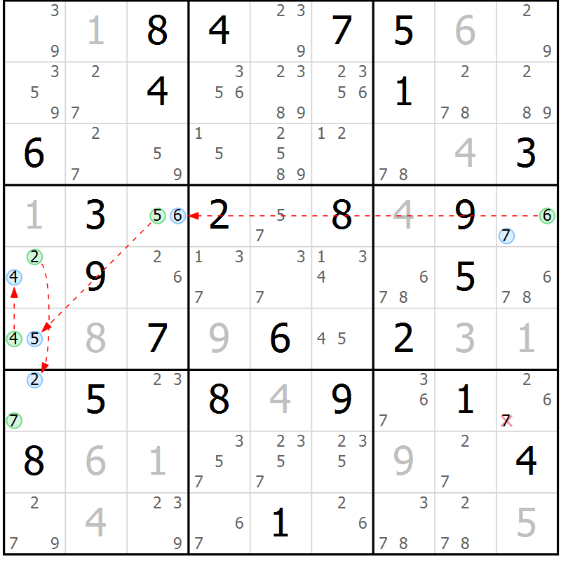 Position des candidats pour la solution de la Gr 35 page 38 du magazine de sudoku Maestro n° 085