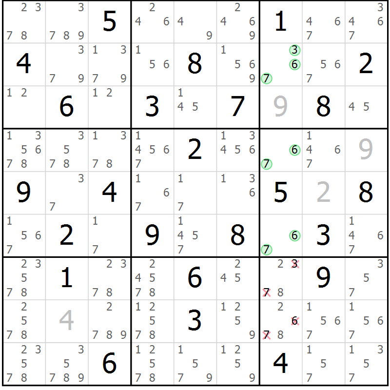 Position des candidats pour la solution de la Gr 36 page 39 du magazine de sudoku Maestro n° 085