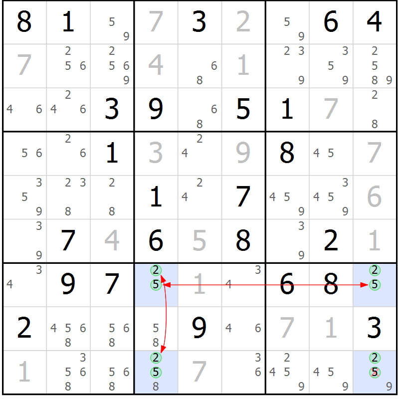 Position des candidats pour la solution de la Gr 39 page 42 du magazine de sudoku Maestro n° 085