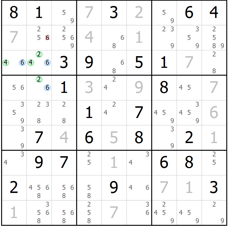 Position des candidats pour la solution de la Gr 39 page 42 du magazine de sudoku Maestro n° 085
