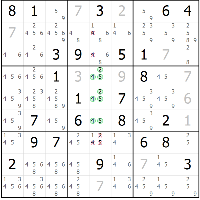 Position des candidats pour la solution de la Gr 39 page 42 du magazine de sudoku Maestro n° 085