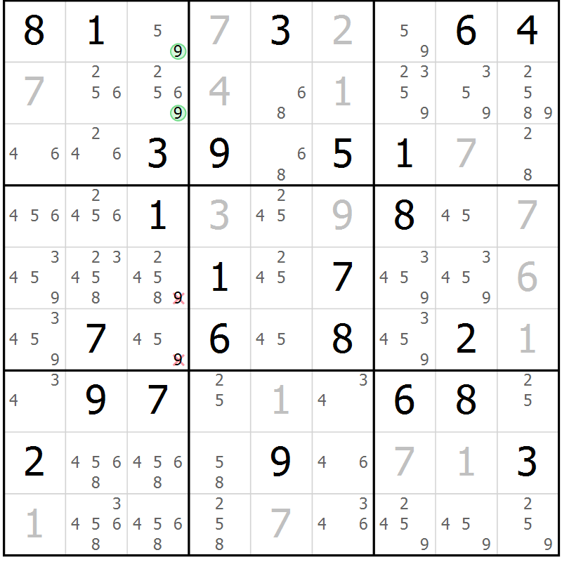 Position des candidats pour la solution de la Gr 39 page 42 du magazine de sudoku Maestro n° 085