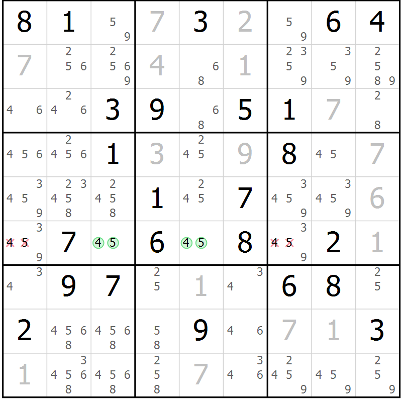 Position des candidats pour la solution de la Gr 39 page 42 du magazine de sudoku Maestro n° 085