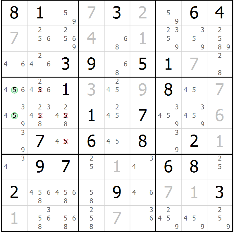 Position des candidats pour la solution de la Gr 39 page 42 du magazine de sudoku Maestro n° 085