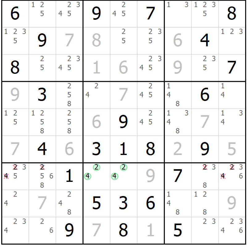 Position des candidats pour la solution de la Gr 40 page 43 du magazine de sudoku Maestro n° 085