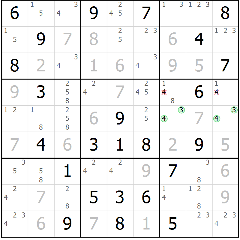 Position des candidats pour la solution de la Gr 40 page 43 du magazine de sudoku Maestro n° 085